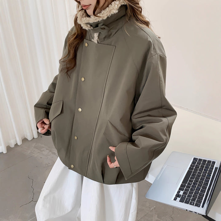 Women's Oversize Short Jacket with Teddy Collar and Flap Pockets Mune Fashion