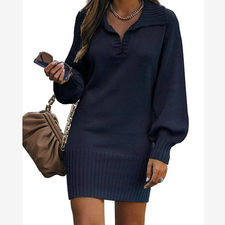 Women's off-shoulder knitted mini dress with wide V-neckline and ribbed waistband Mune Fashion