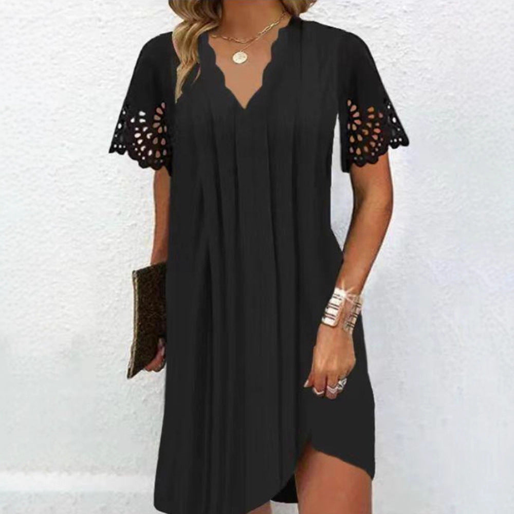Ladies knee-length A-line dress with curved V-neck, lace sleeves, and side leg slit Mune Fashion