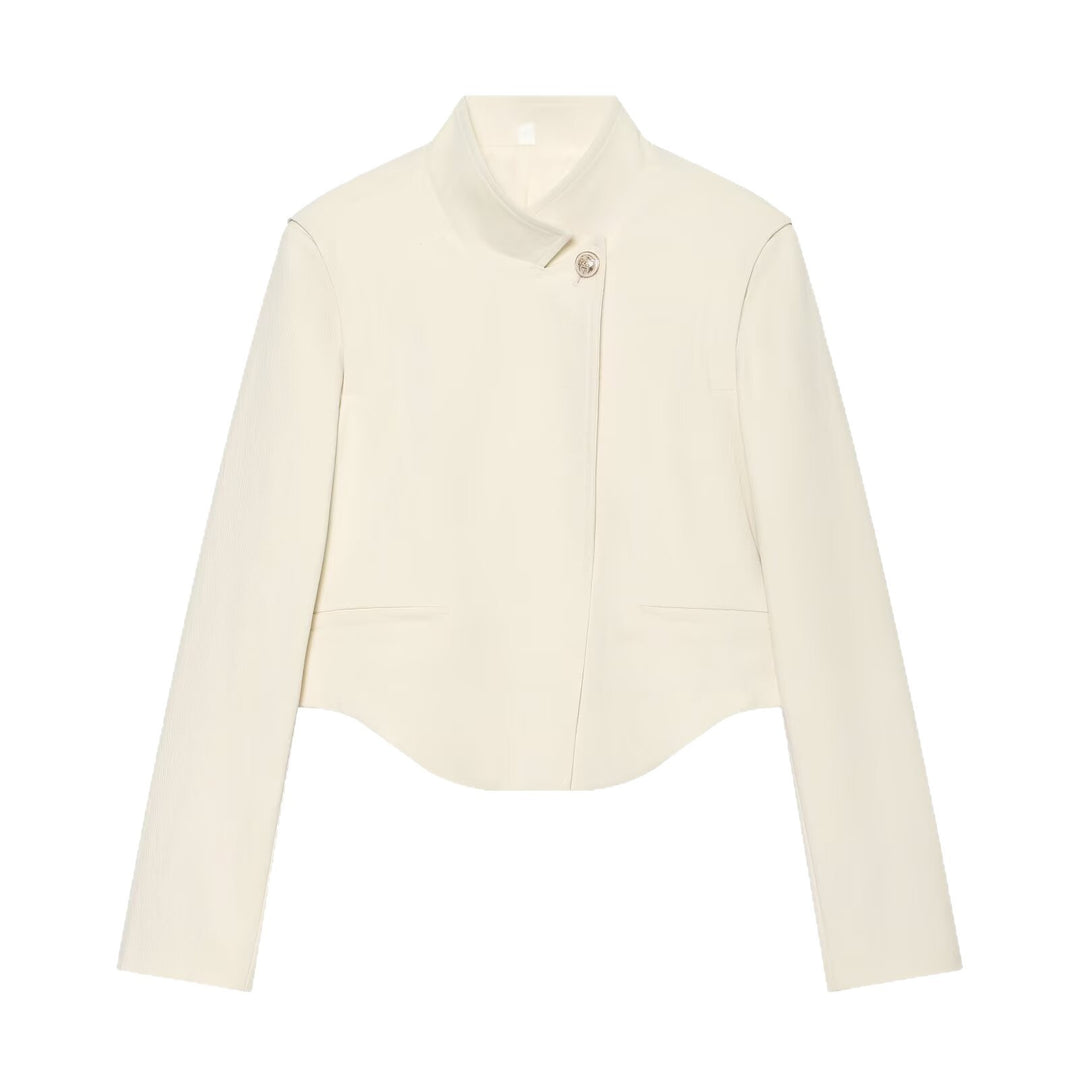 Women Short Tailored Blazer with Stand-Up Collar, Asymmetric Button Placket and Curved Hem Mune Fashion
