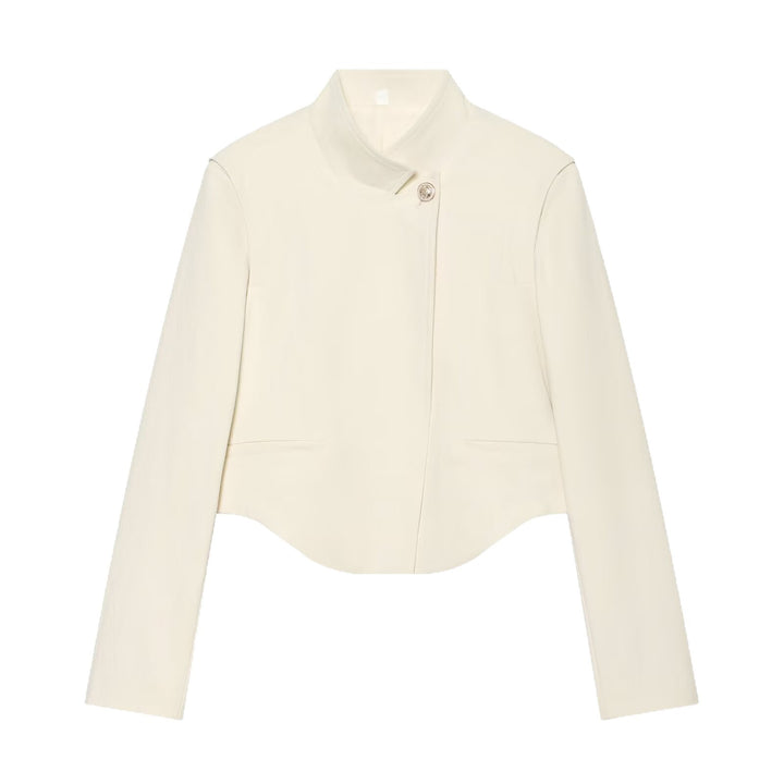 Women Short Tailored Blazer with Stand-Up Collar, Asymmetric Button Placket and Curved Hem Mune Fashion