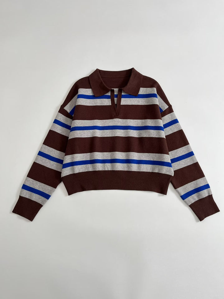Women's Striped Polo Collar Sweater with Boxy Fit and V-Neck Mune Fashion