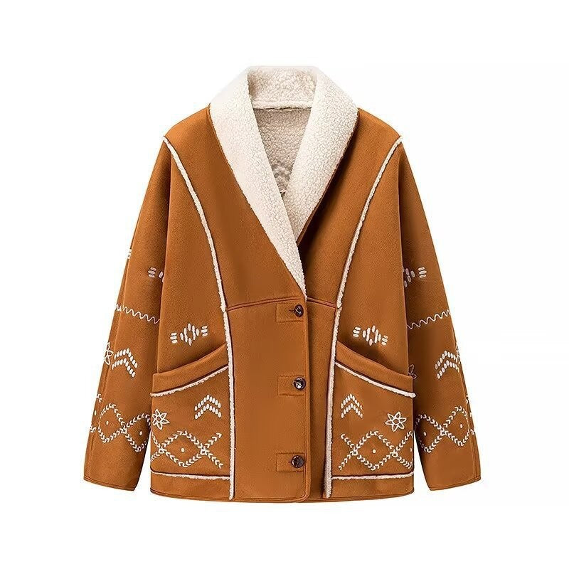 Women’s knitted jacket in lambskin look with shawl collar Mune Fashion