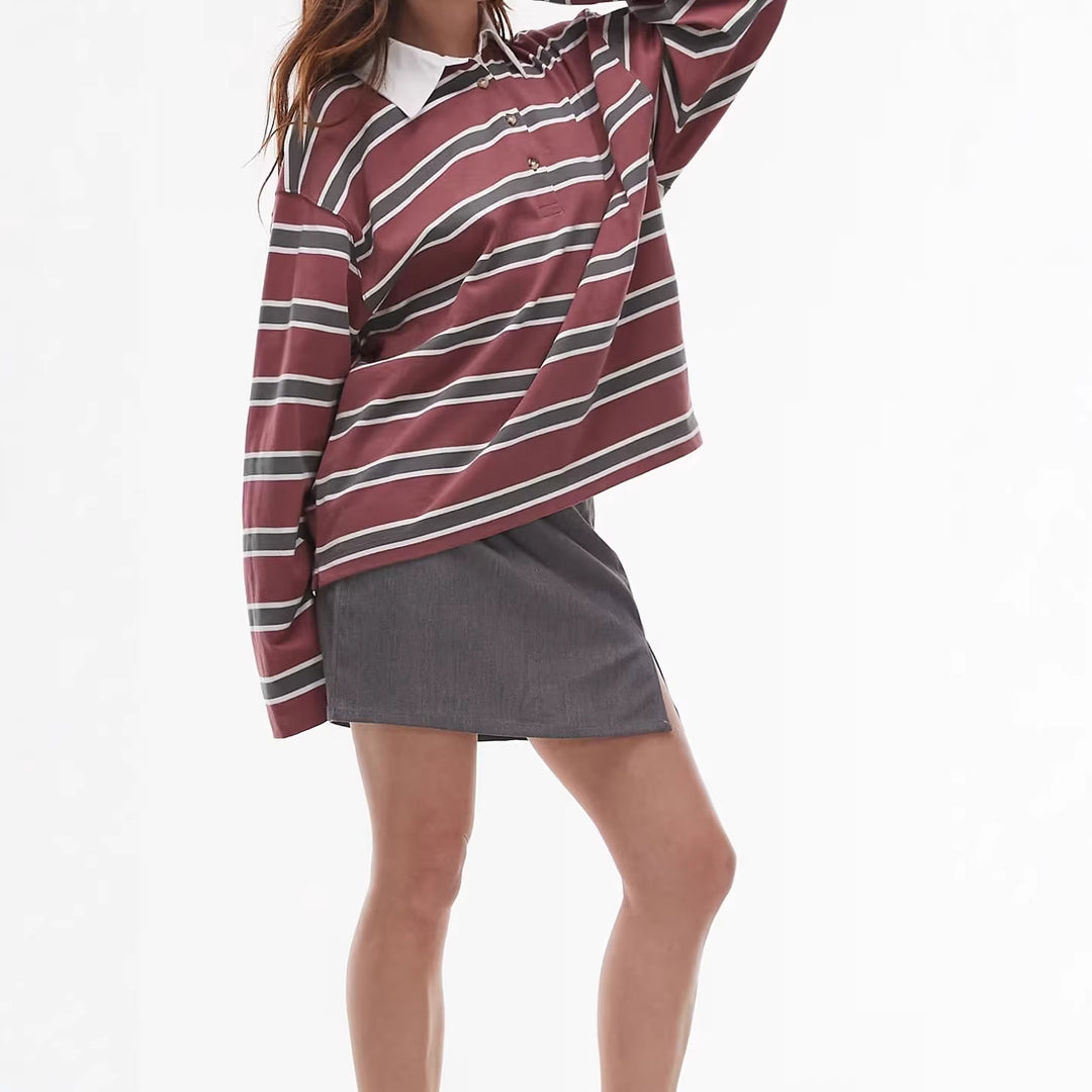 Women's Casual Striped Shirt with Polo Collar