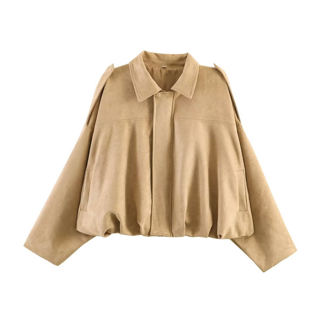 Ladies Oversized Suede Jacket with Shoulder Flaps, Concealed Button Placket and Elastic Hem Mune Fashion