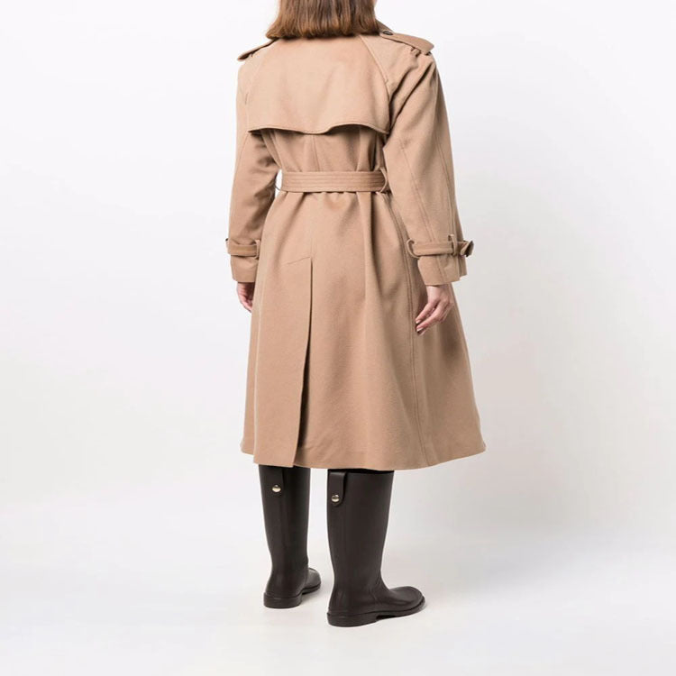 Women's Midi Length Wool Blend Trench Coat in Tailoring with Double Breasted, Waist Belt and Epaulettes Mune Fashion