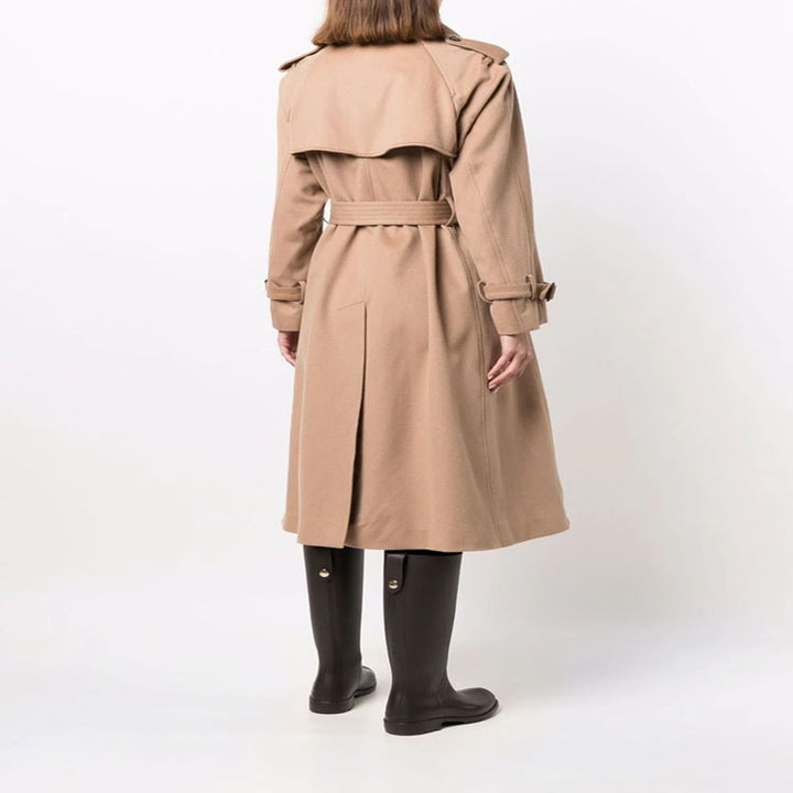 Women's Midi Length Wool Blend Trench Coat in Tailoring with Double Breasted, Waist Belt and Epaulettes Mune Fashion