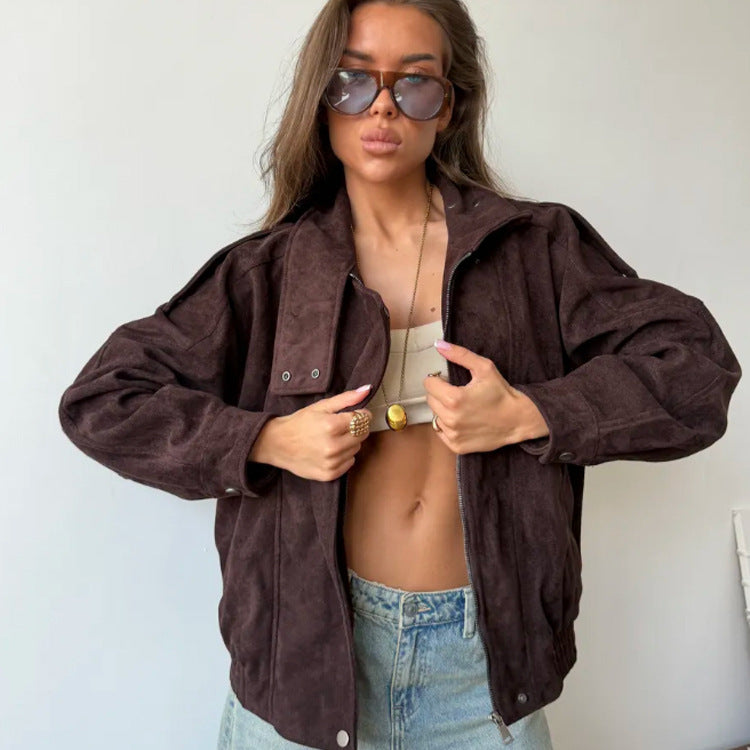 Women Oversize Suede-Look Biker Jacket with High Standing Collar Mune Fashion