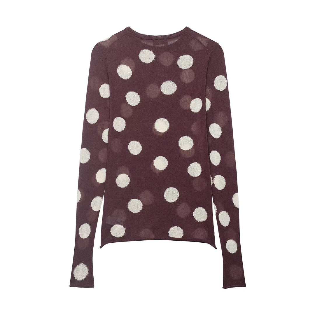 Women's Lightweight Polka Dot Fine Knit Sweater with Round Neck and Relaxed Fit Mune Fashion