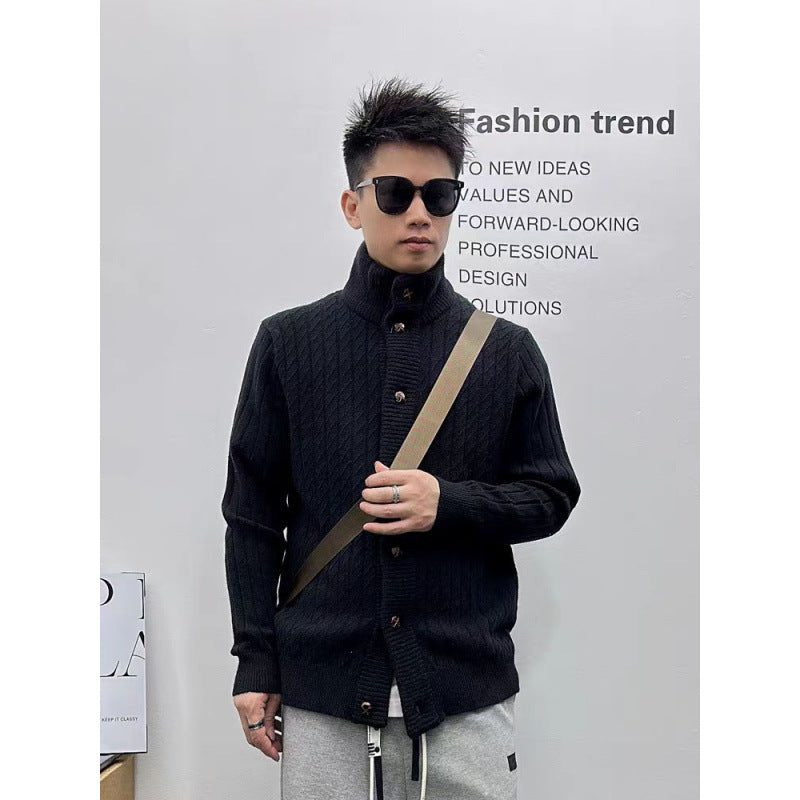 Men's finely structured cable knit cardigan with high stand-up collar and full button placket Mune Fashion