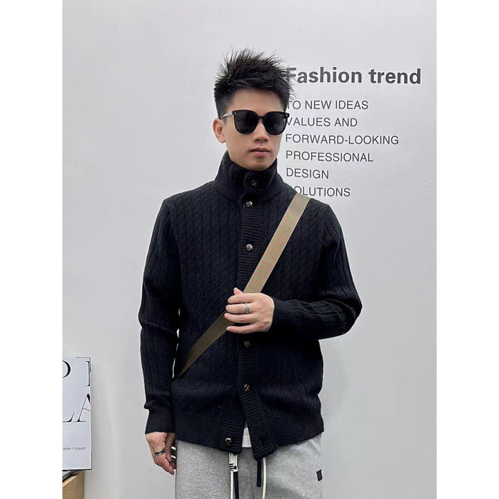 Men's finely structured cable knit cardigan with high stand-up collar and full button placket Mune Fashion