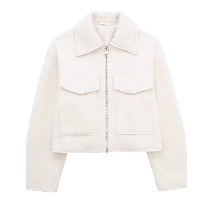Women's Short Cut Sherpa Jacket with Zip and Flap Pockets Mune Fashion