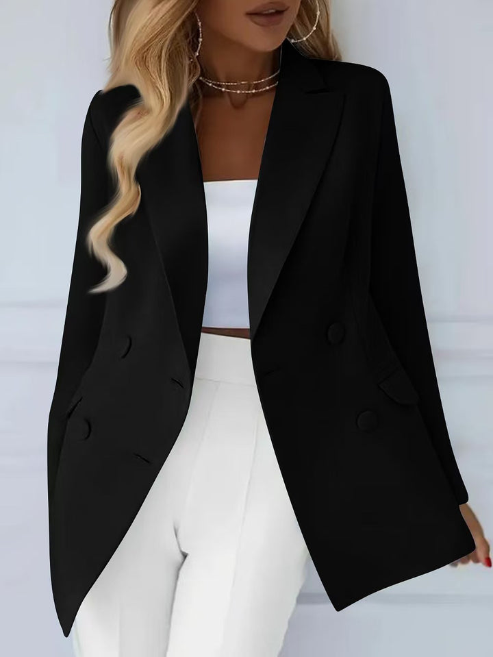 Women Elegant tailored long blazer with fabric-covered buttons Mune Fashion