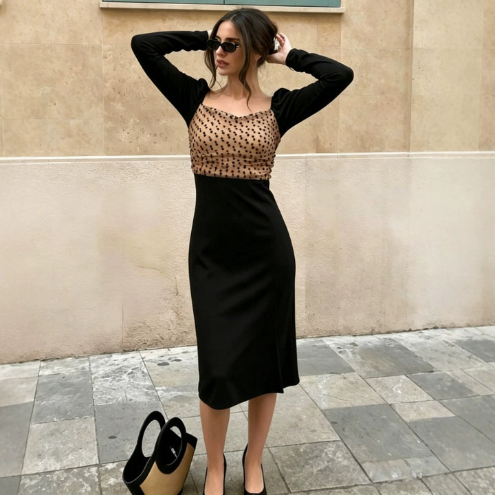 Women Fitted Midi Dress with Puff Sleeves and Transparent Dot Organza Back Mune Fashion