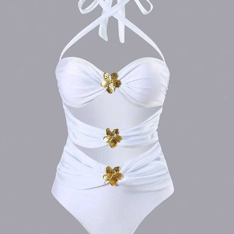 Women's one-piece swimsuit with stylish wrap design and golden accents Mune Fashion