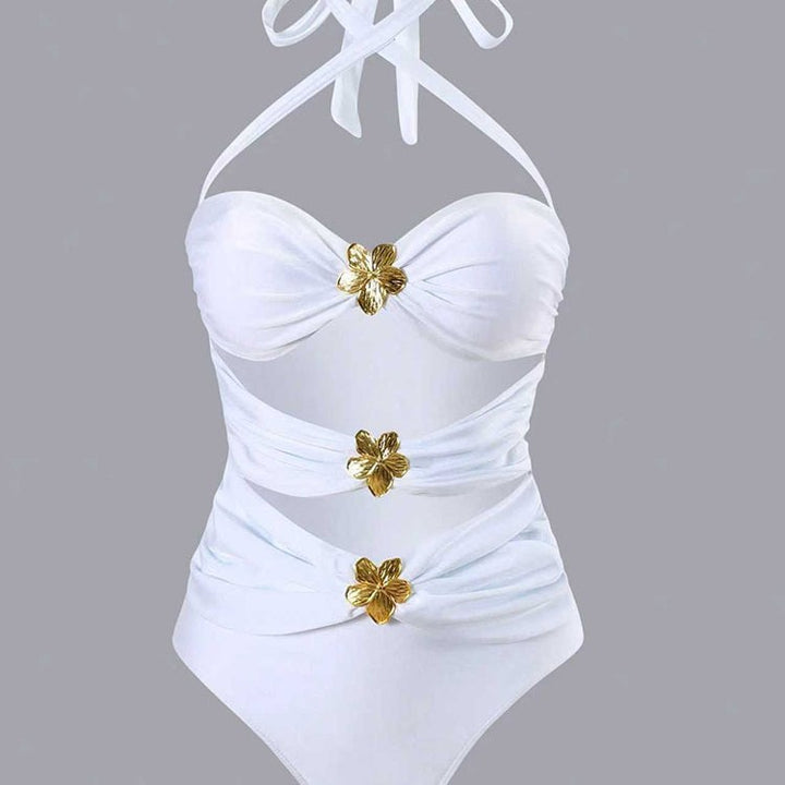 Women's one-piece swimsuit with stylish wrap design and golden accents Mune Fashion