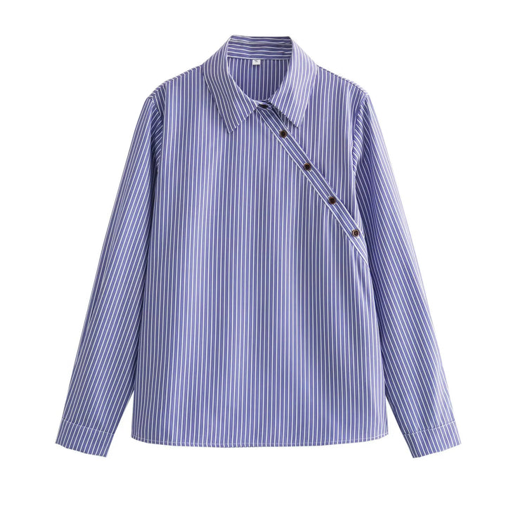 Women's Oversize Striped Blouse with Diagonal Button Placket and Kent Collar Mune Fashion
