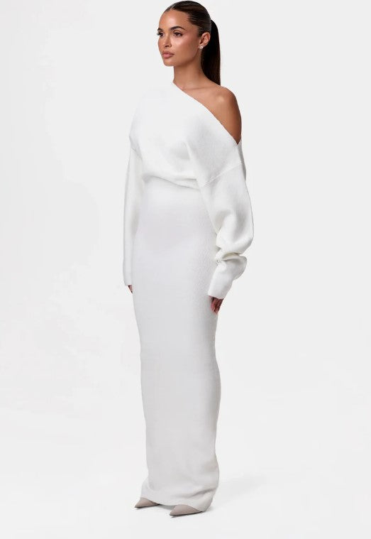 Women's One-Shoulder Maxi Knit Dress with Oversized Sleeves Mune Fashion