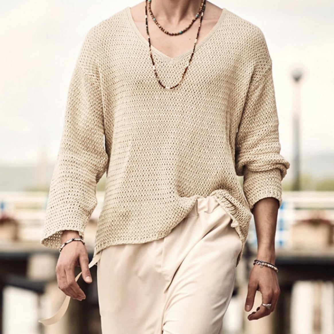 Men's structured waffle knit long sleeve shirt with V-neck and warming thermoeffect Mune Fashion
