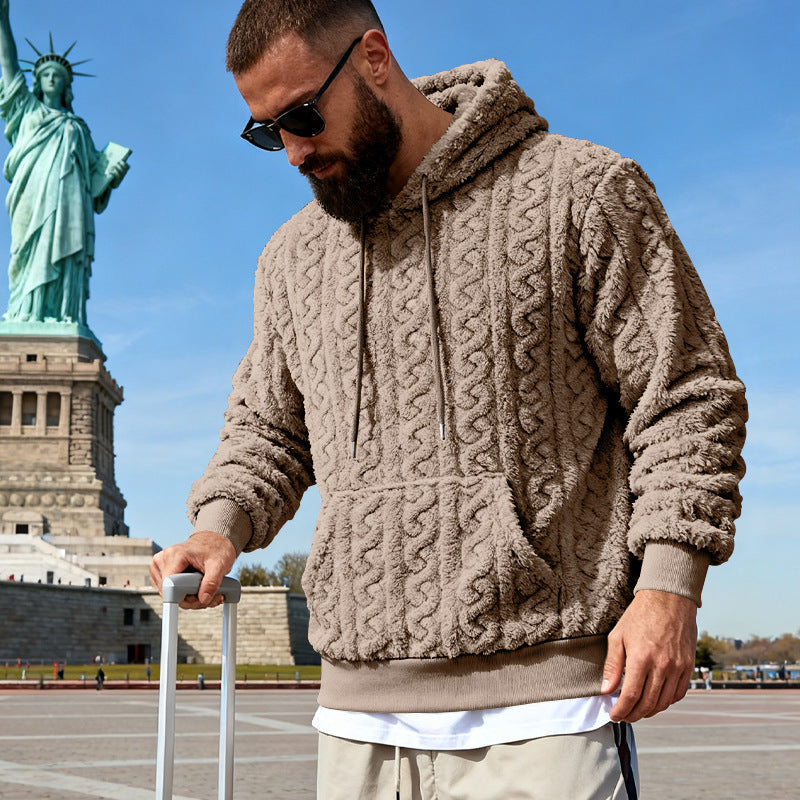 Men's Cozy Sherpa Hoodie with Cable Knit Pattern, Kangaroo Pocket and Ribbed Cuffs Mune Fashion