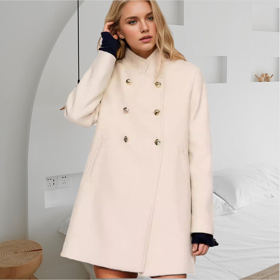 Women's Double-breasted Long Coat with Stand Collar and Decorative Buttons Mune Fashion