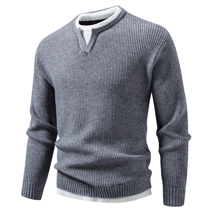 Men's Ribbed Knit Sweater with V-Notch and Layered Look Mune Fashion