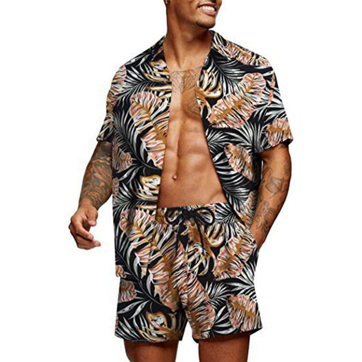 Men's tropical short sleeve shirt and swim shorts set with lapel collar, drawstring, and practical side pockets Mune Fashion