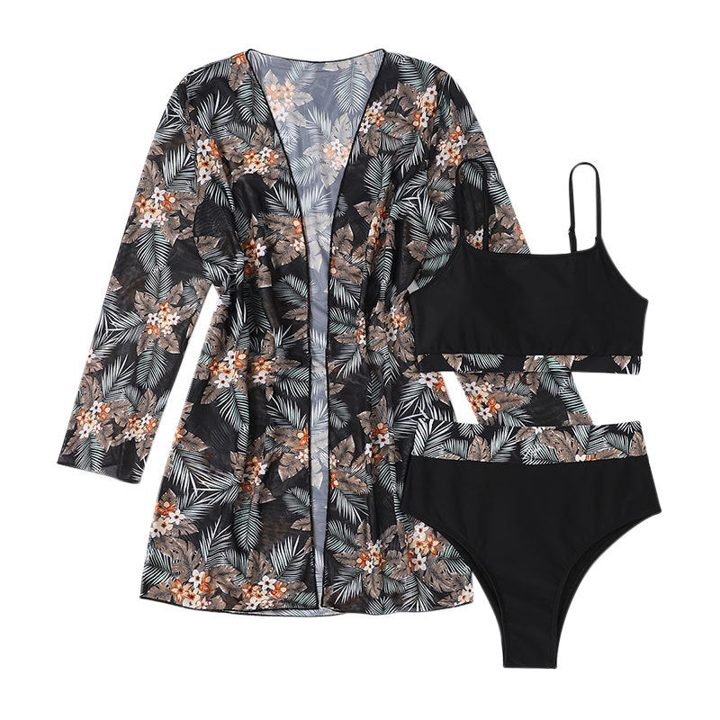 Women's bikini set with floral high-waisted bottom and matching kimono Mune Fashion