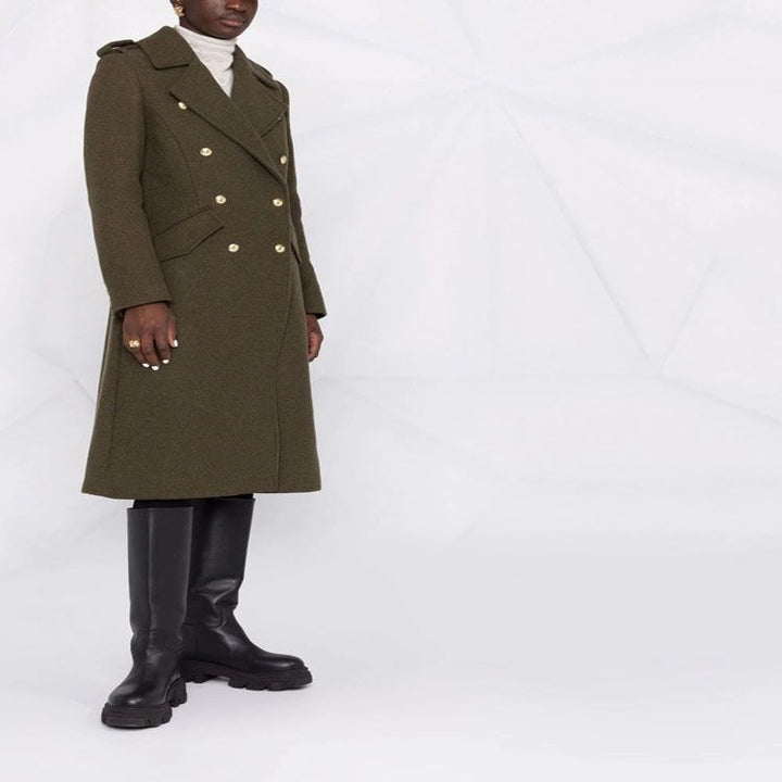 Women A-line Wool Blend Coat with Double-breasted Tailoring, Metal Buttons and Flap Pockets Mune Fashion
