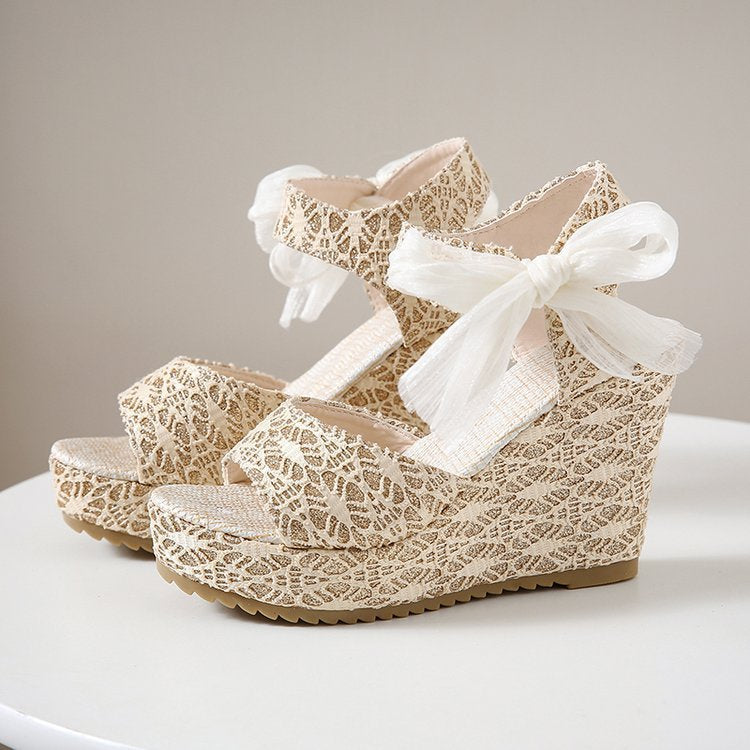 Women nan romantic wedge sandal with lace look and organza bow Mune Fashion