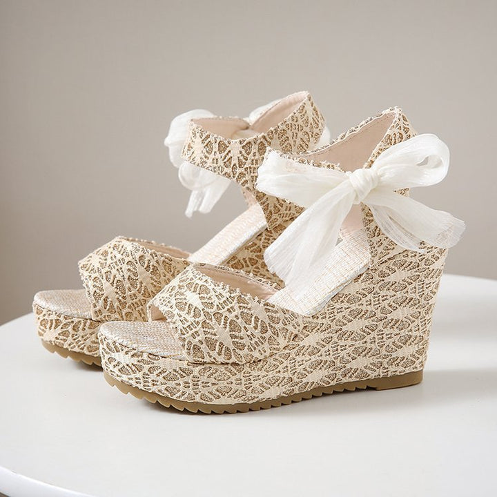 Women nan romantic wedge sandal with lace look and organza bow Mune Fashion