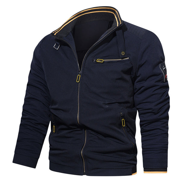 Men's sporty-urban college jacket with stand-up collar, zip front, and utility details Mune Fashion