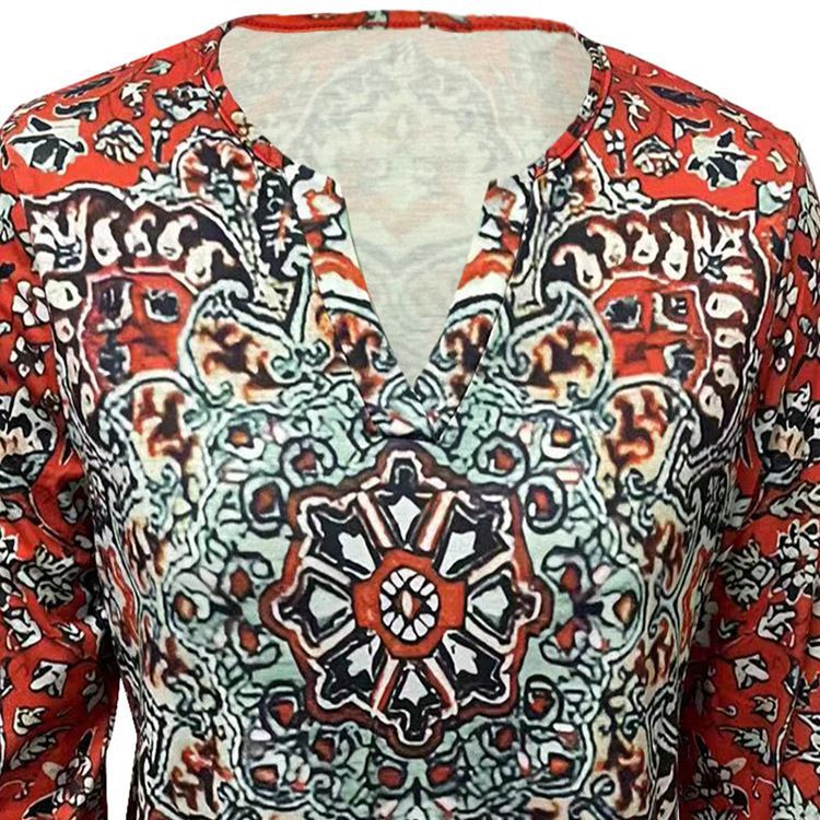 Women's Boho Tunic Blouse with Mandala Print, V-neck and three-quarter sleeves Mune Fashion