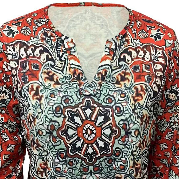 Women's Boho Tunic Blouse with Mandala Print, V-neck and three-quarter sleeves Mune Fashion