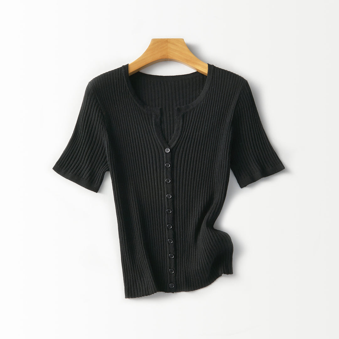 Women's Short-Sleeved Ribbed Button Cardigan from Fine Knit Mune Fashion