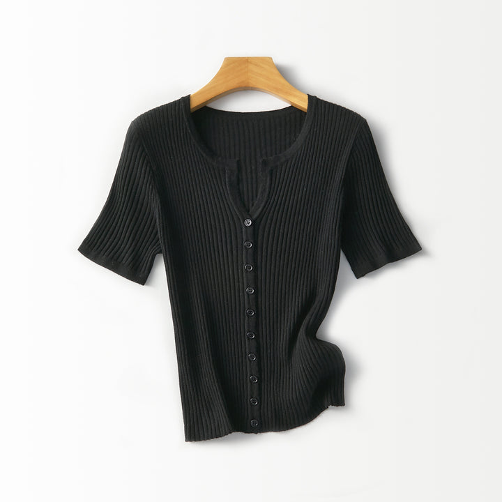 Women's Short-Sleeved Ribbed Button Cardigan from Fine Knit Mune Fashion