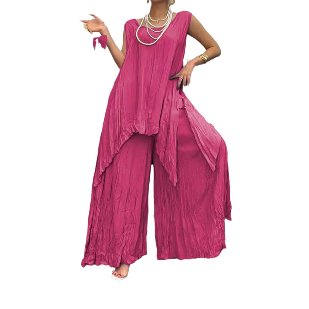 Women two-piece set in airy crinkle look with sleeveless tunic and wide palazzo pants Mune Fashion