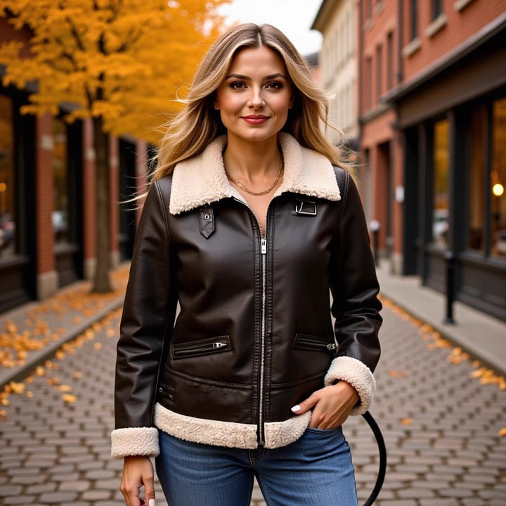 Women's Oversize Pilot Jacket made of Faux Leather with Teddy Collar and Zipper Pockets Mune Fashion
