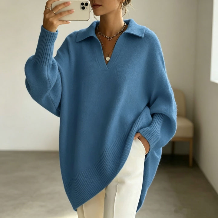 Women Oversize Polo Collar V-Neck Knitted Sweater with Balloon Sleeves Mune Fashion