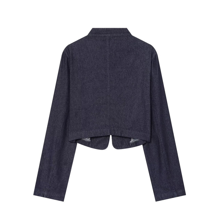 Women short denim military jacket with stand-up collar and decorative button placket Mune Fashion
