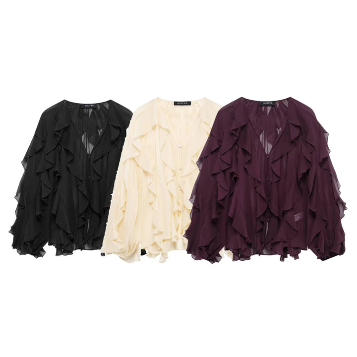 Women Chiffon Blouse with multiple ruffle frills and button placket Mune Fashion