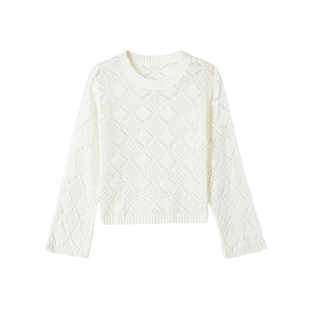 Ladies Ajour knitted cropped sweater with round neck and diamond pattern Mune Fashion