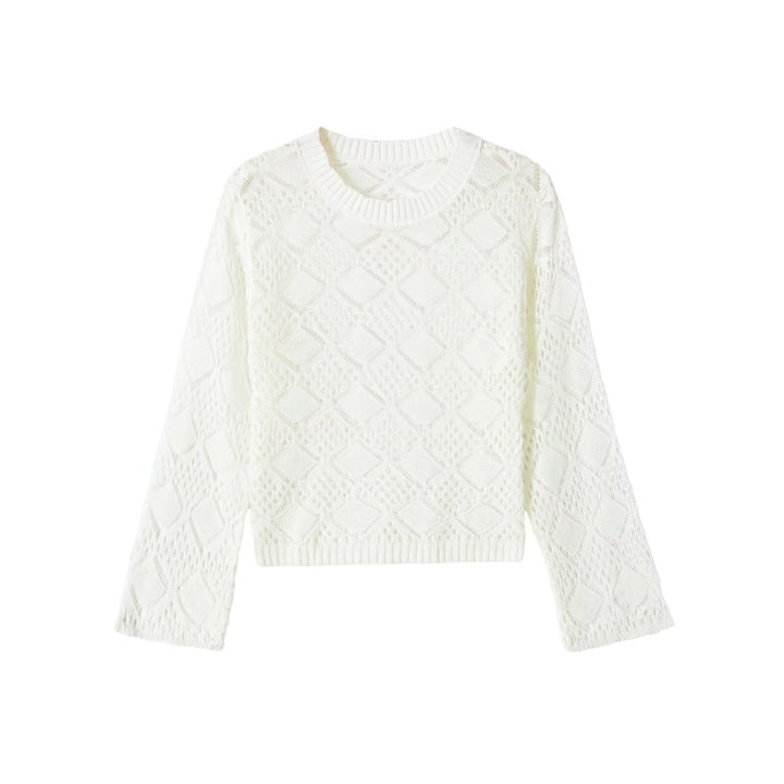 Ladies Ajour knitted cropped sweater with round neck and diamond pattern Mune Fashion