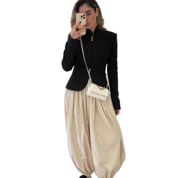 Women's Tailored Structured Blazer with Stand Collar & Decorative Button Placket Mune Fashion