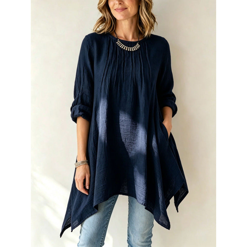Women Casual Long Tunic with Towel Hem, Ruffled Pleats and Side Pockets Mune Fashion