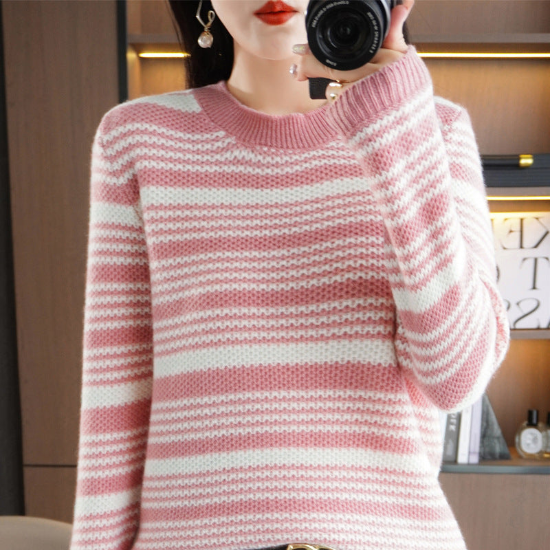 Ladies Cozy Striped Sweater in Mohair Look with Boxy Fit and Round Neckline Mune Fashion