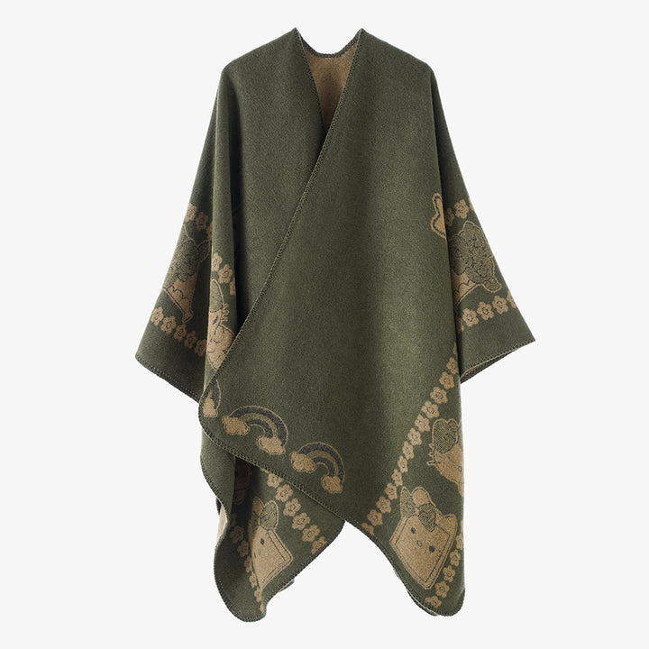 Women's Oversize Poncho with Jacquard Animal Pattern and Asymmetrical Pointed Hem Mune Fashion