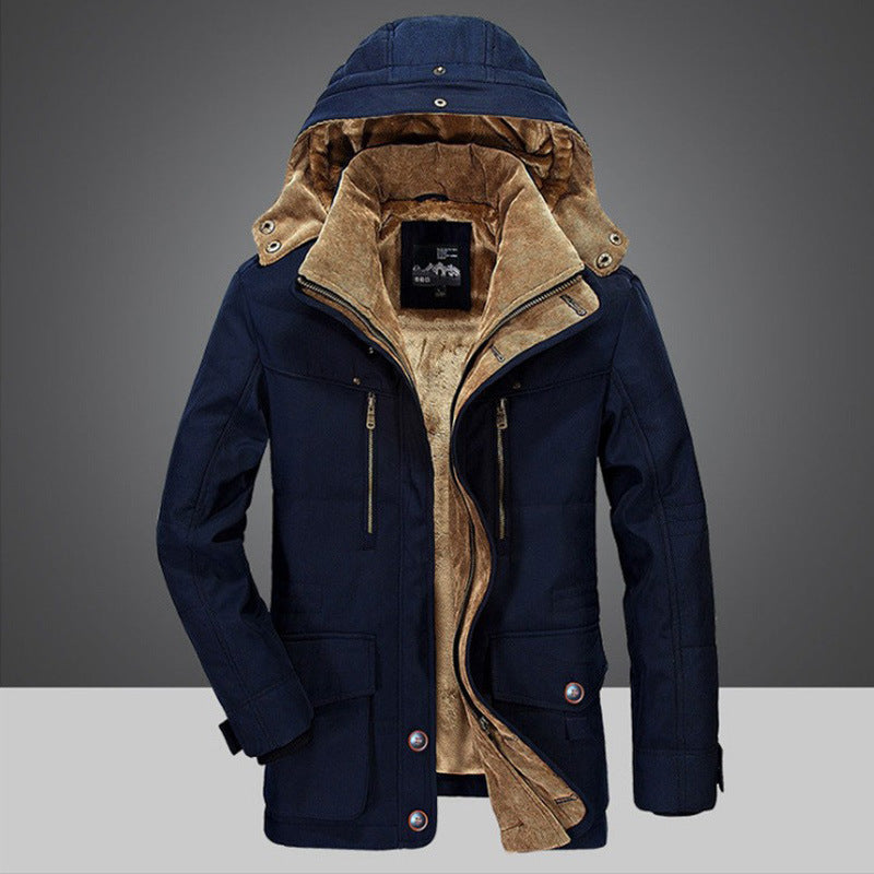 Men's Arctic-inspired field parka with corduroy inner collar, detachable hood, and multifunctional pockets.