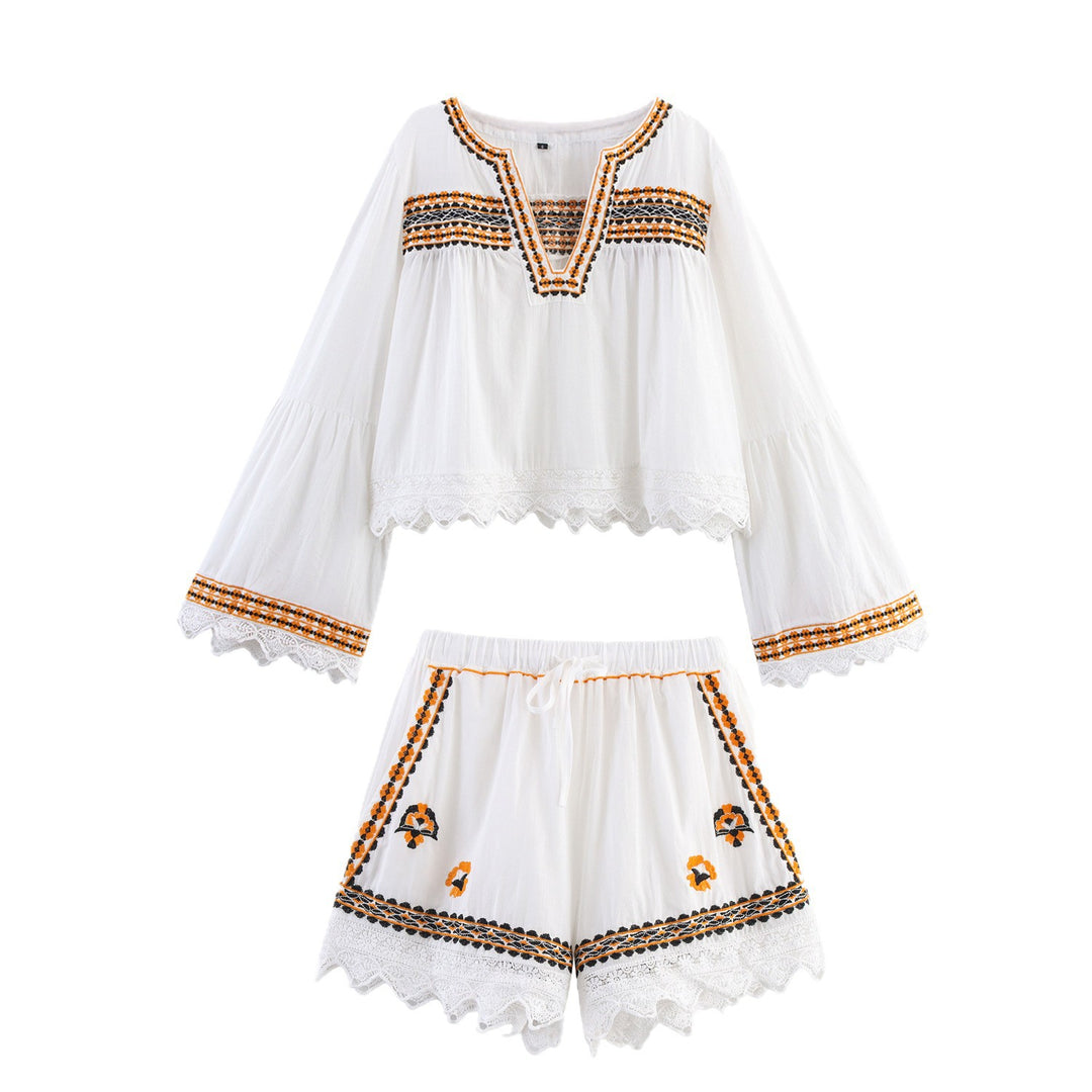 Women's Embroidered Boho Blouse with Wide Bell Sleeves and Lace Hem Mune Fashion