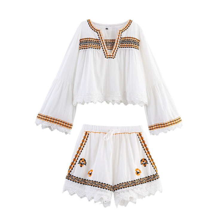 Women's Embroidered Boho Blouse with Wide Bell Sleeves and Lace Hem Mune Fashion